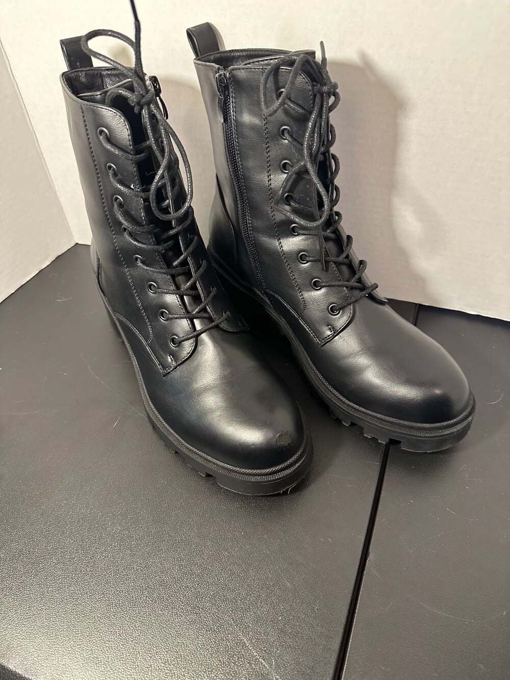 Black Lace-Up Combat Boots with Side Zip and Lug Sole
